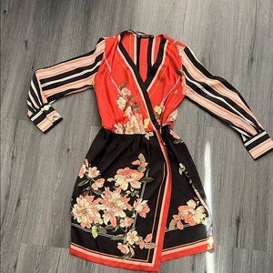Zara Red and Black Floral Long Sleeve Dress